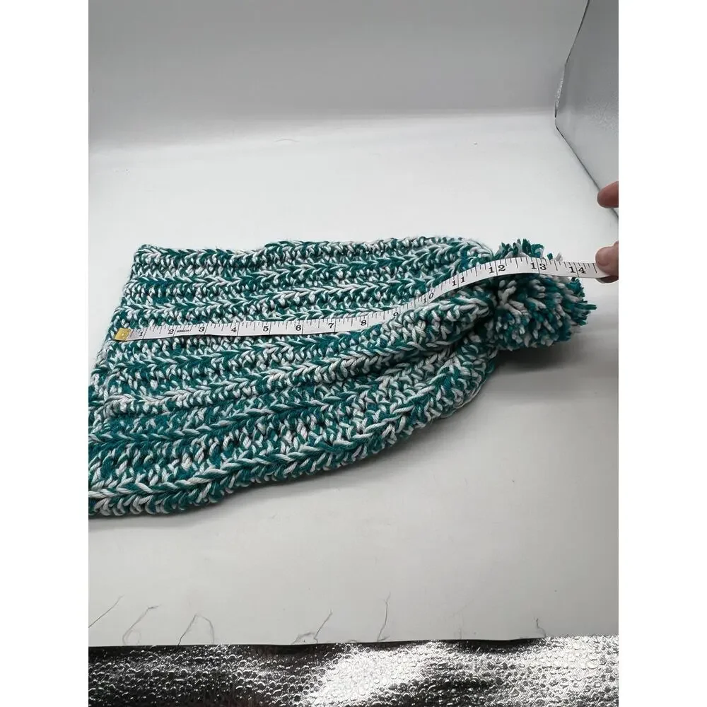 Knit Woven Chunky green white Beanie Knit Pom Pom‎ Hat Boho Outdoors Medium